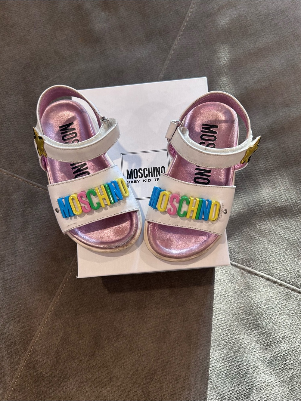 Moschino Kids Pink Metallic Logo Sandals Size 26